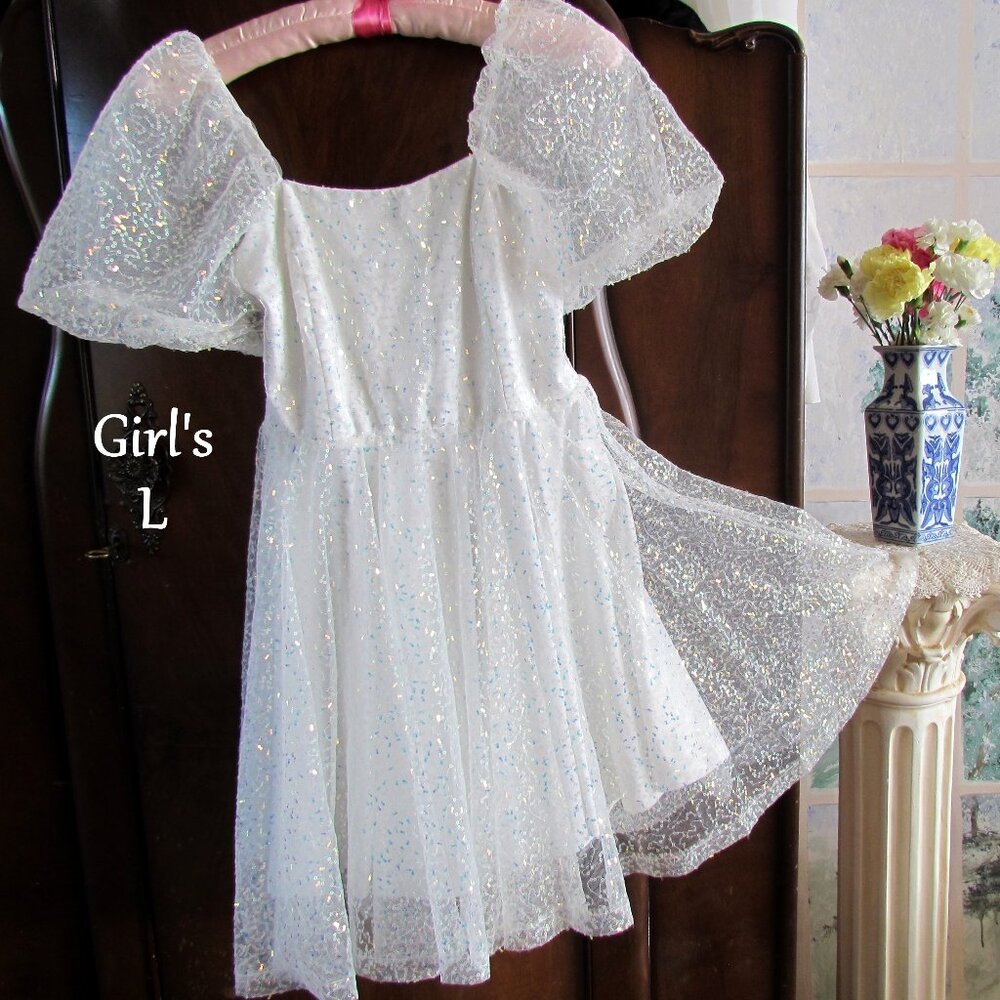 GIRL'S SEQUIN DRESS, WHITE w CONFETTI SPARKLES, HUGE PUFFED SLEEVES FIT 'N FLARE